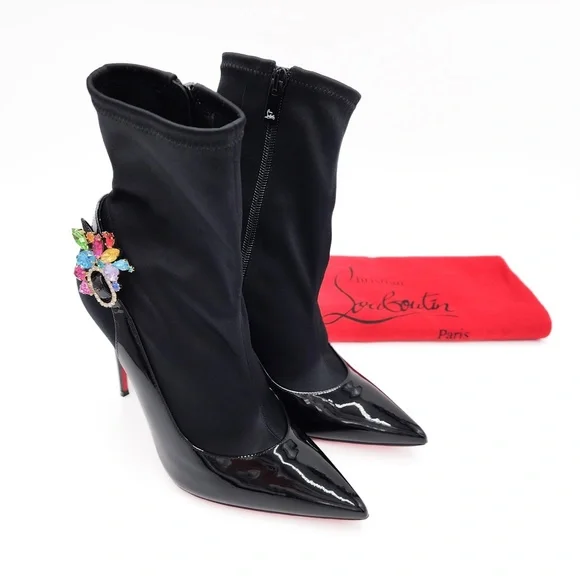 Christian Louboutin Jessie Joli Crystal Satin Black Patent Leather Bootie EU 37 - Picture 10 of 10